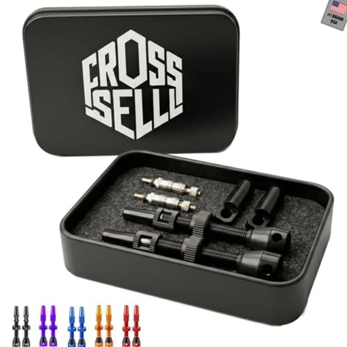 Tubeless Presta valve stem kit in black case, with spare cores and removal tools