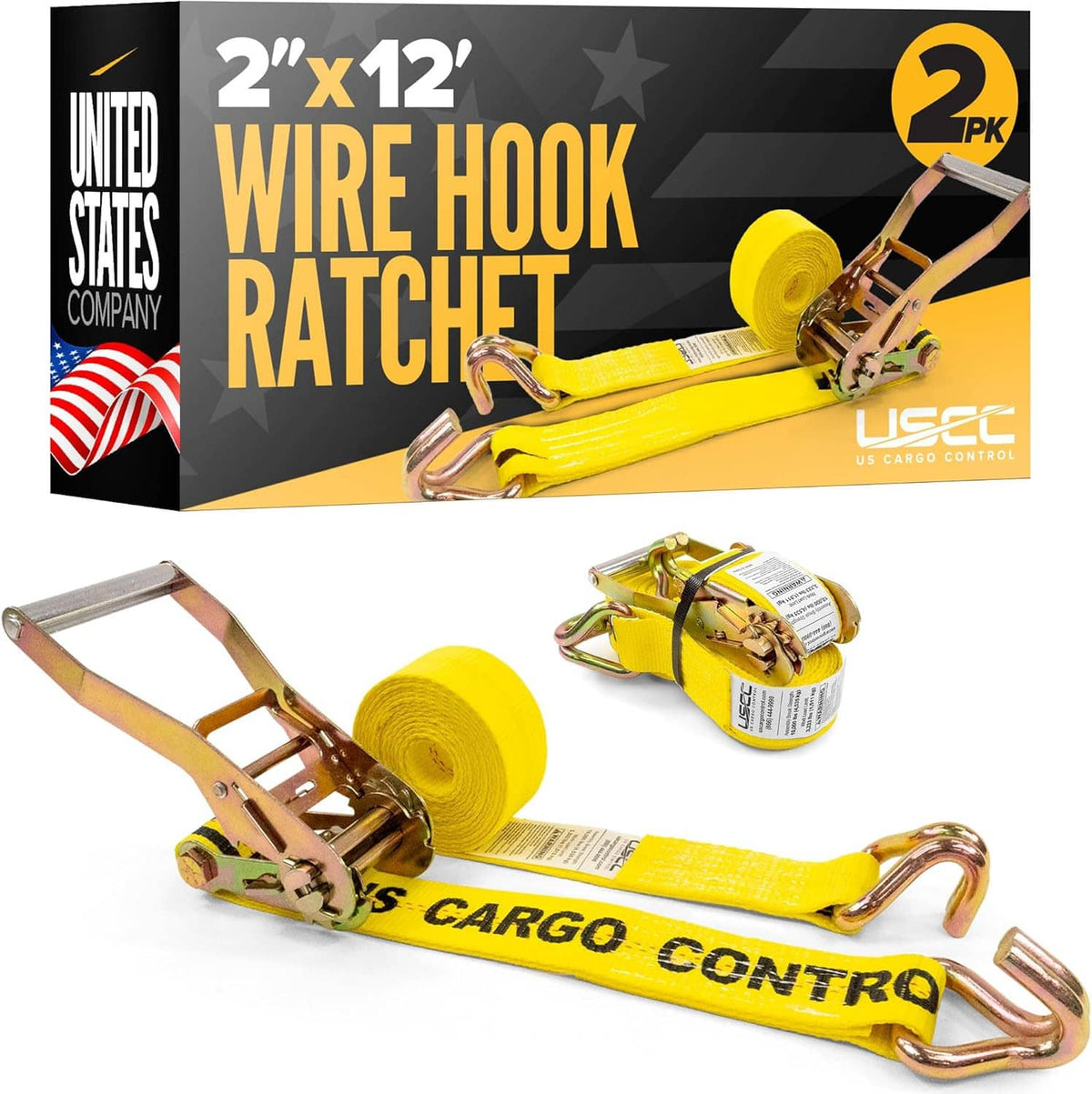 Yellow wire hook ratchet strap with ratchet buckle and metal hooks, 2 in x 12 ft