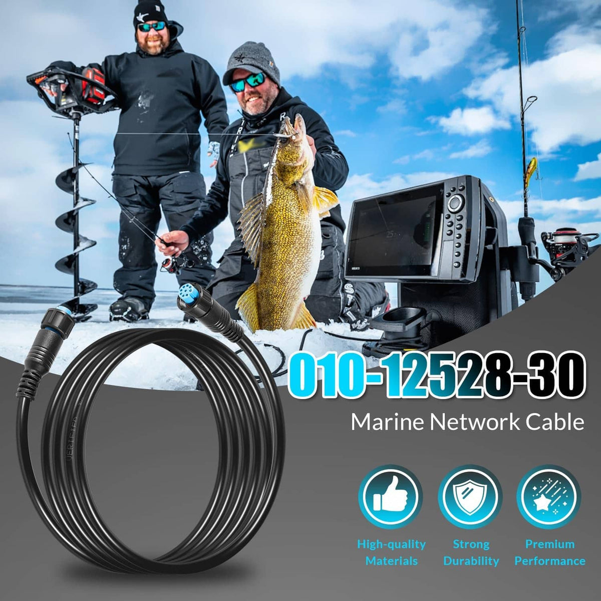 Coiled marine network cable with black cord and blue small connector ends
