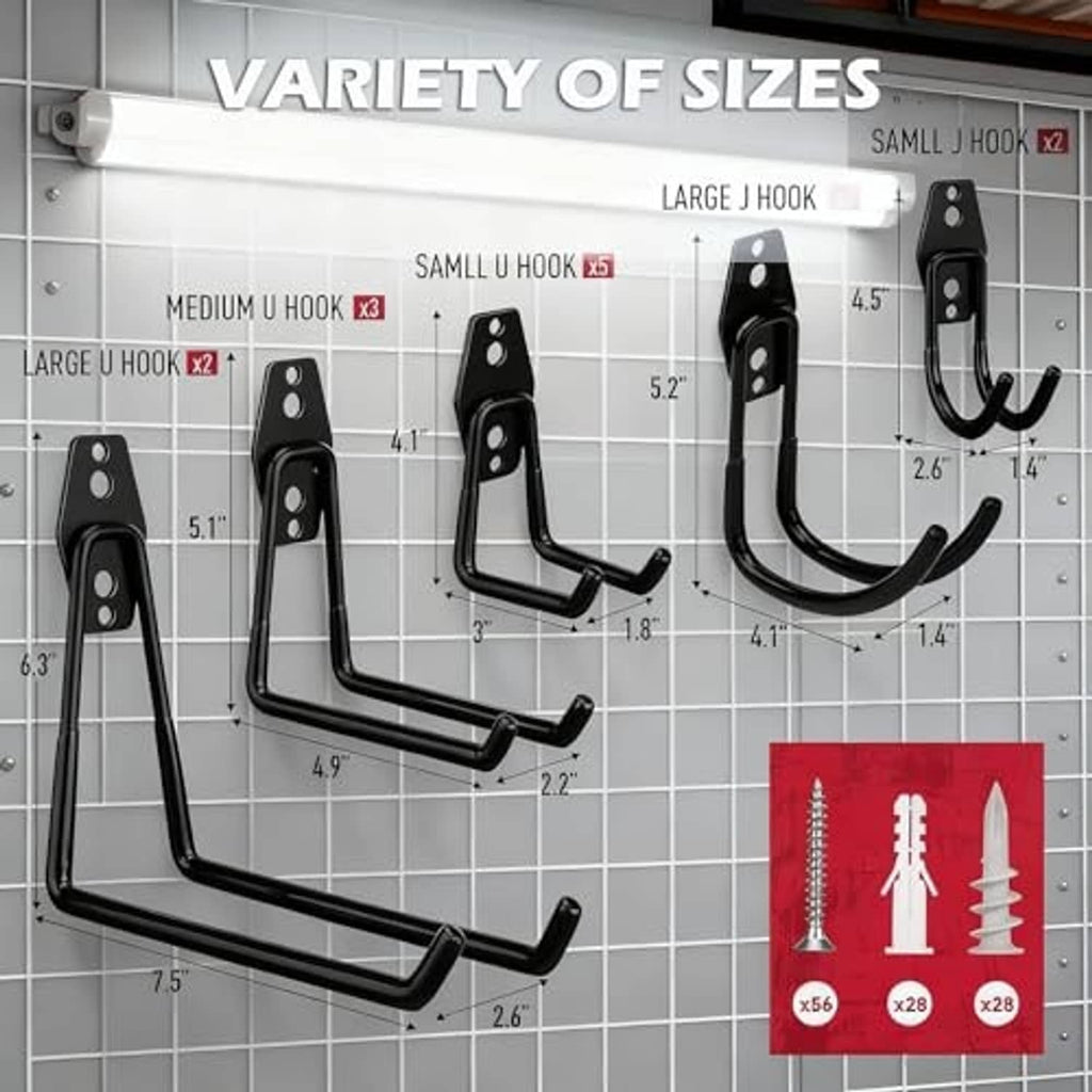 Assorted wall storage hook sizes with labeled measurements for different hook types
