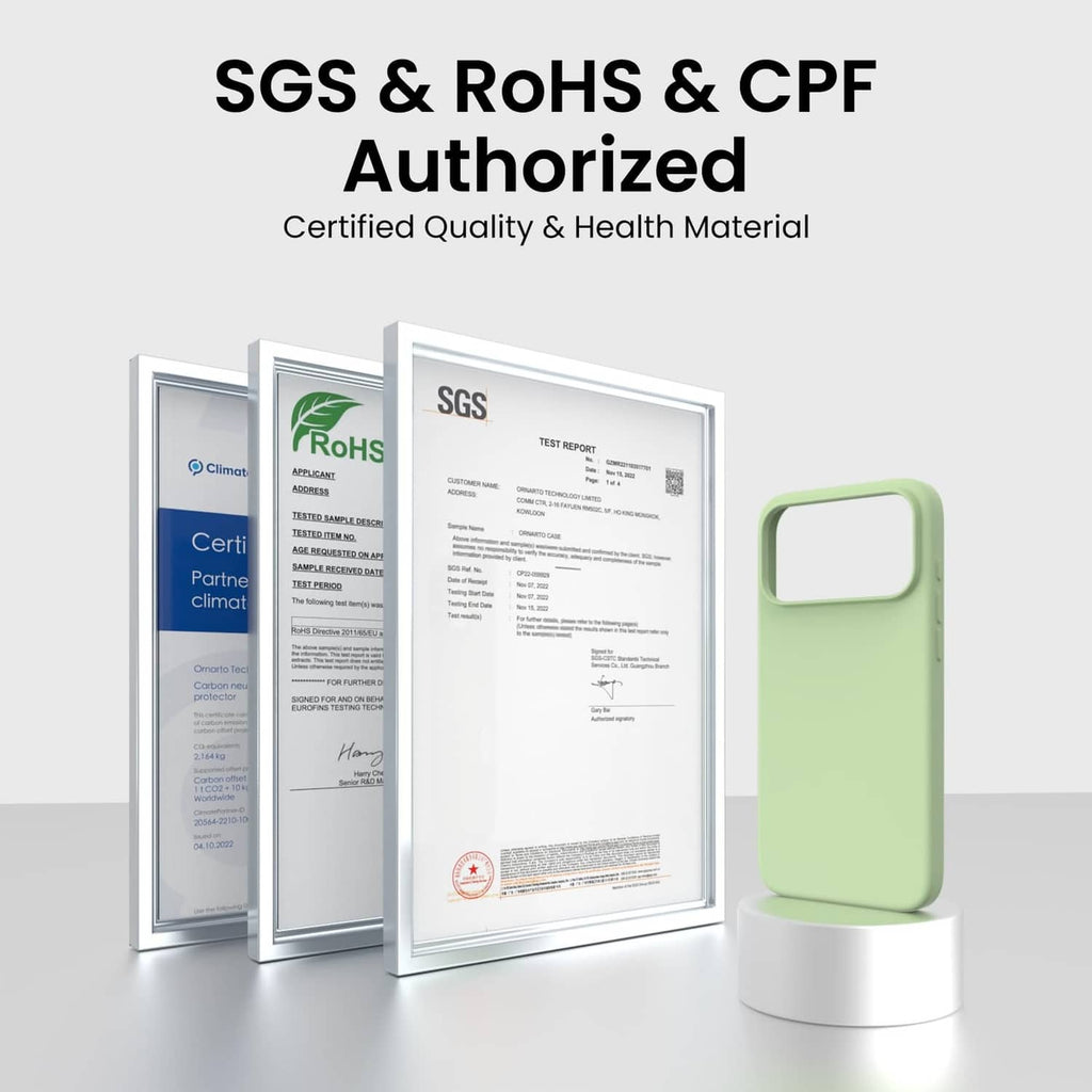Matcha green slim phone case shown with certification documents display