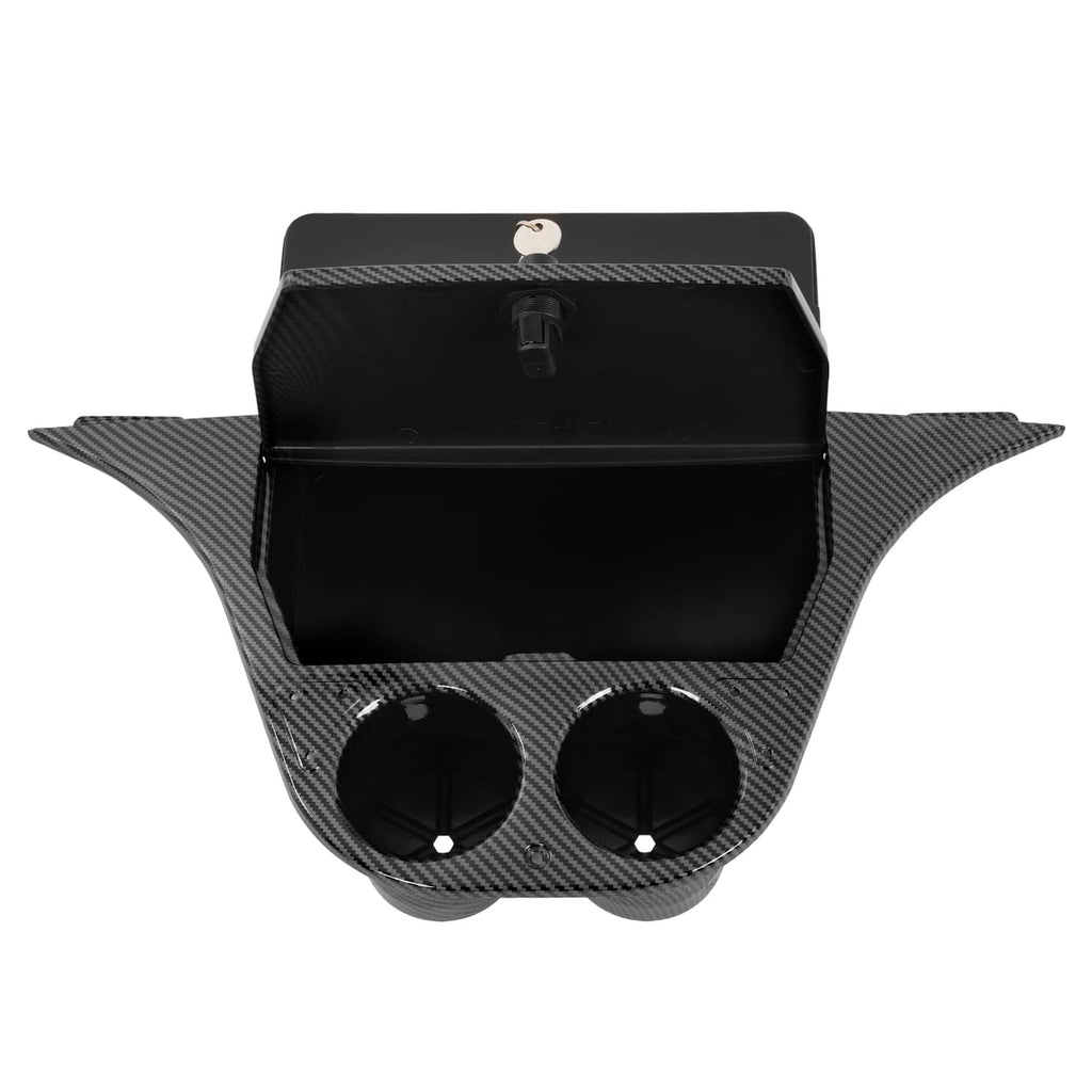 Carbon-fiber style dash compartment with recessed storage lid and two front cup openings