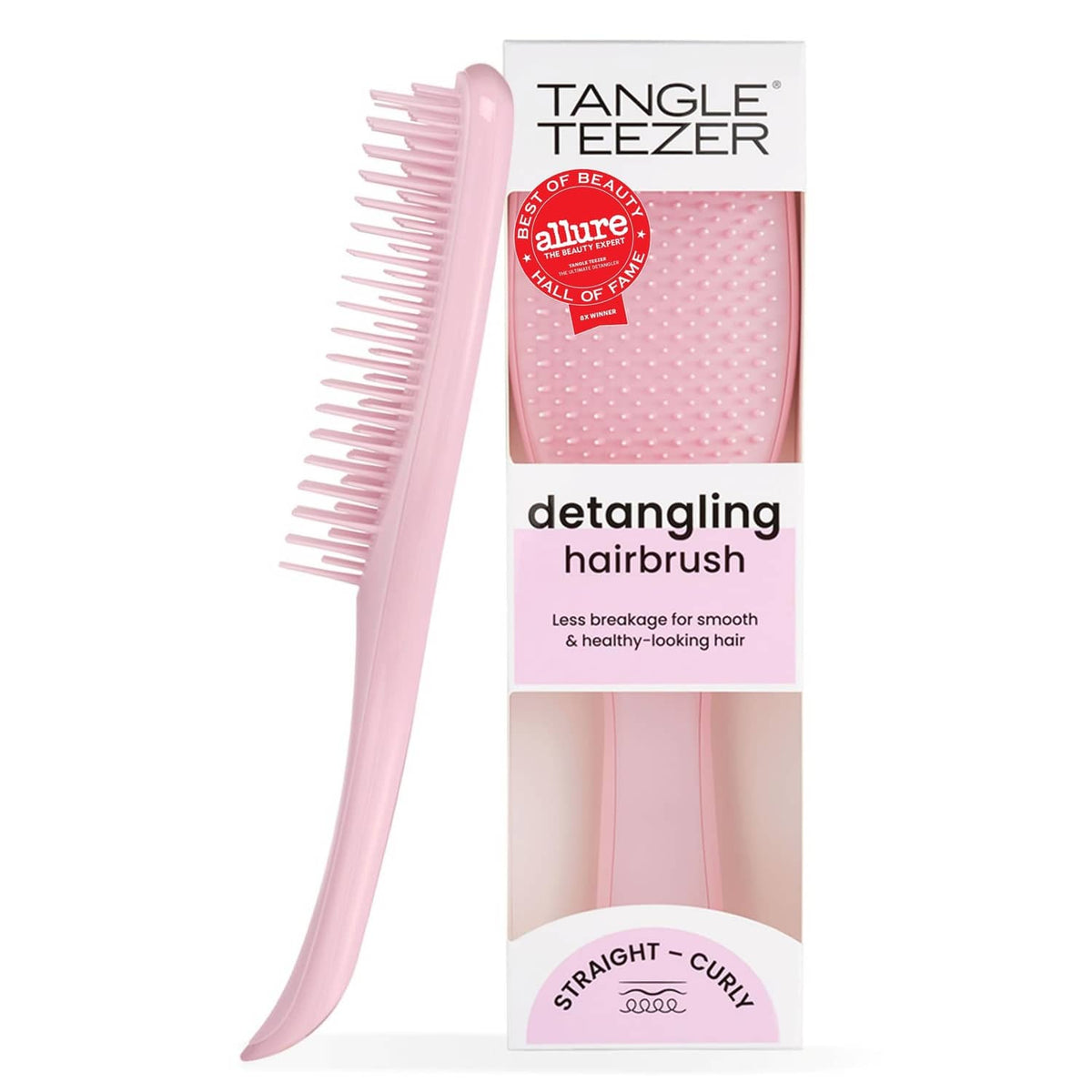 Pink detangling hairbrush with two-tier flexible bristles, straight to regular size