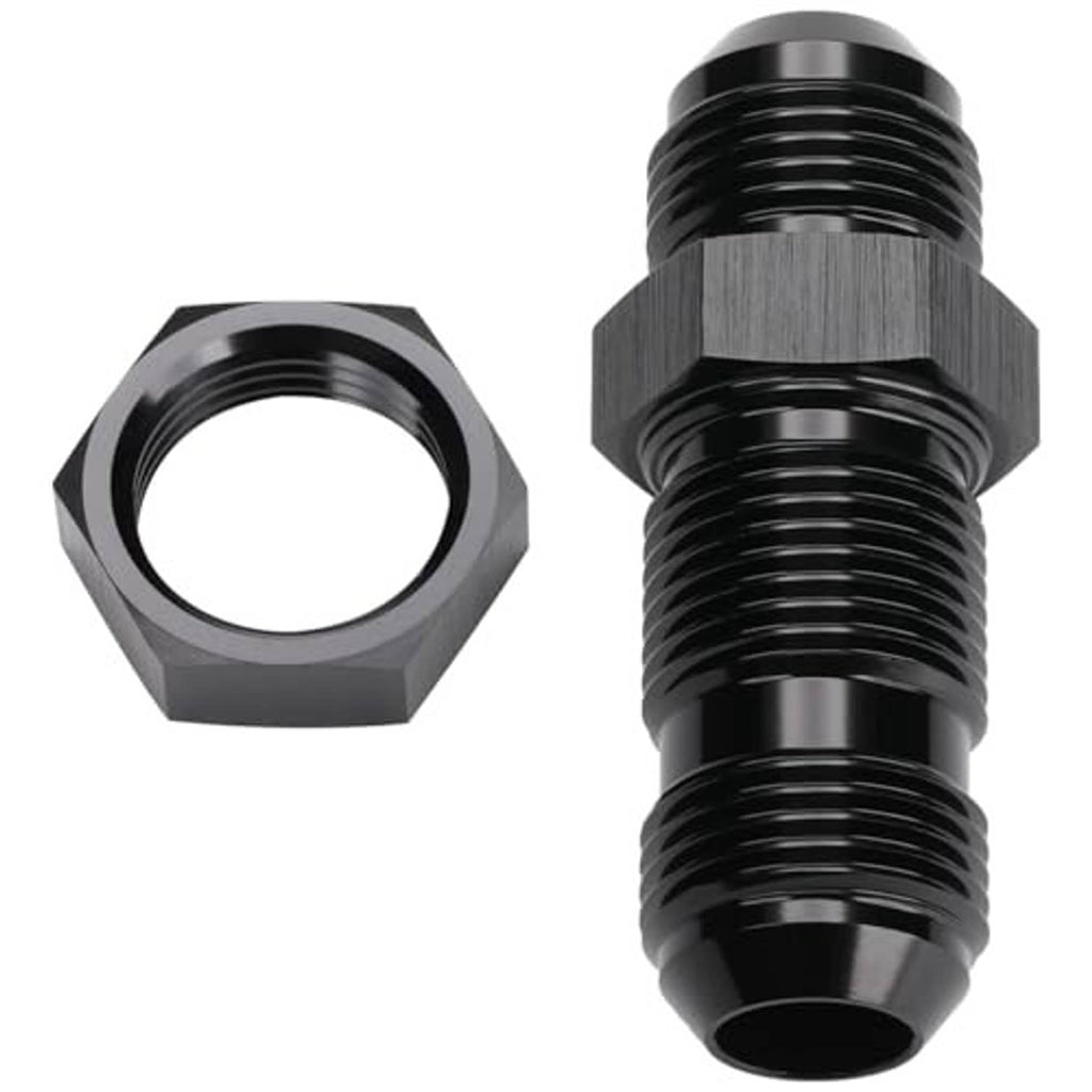10AN male straight bulkhead fitting adapter with hex nut, black anodized, front view