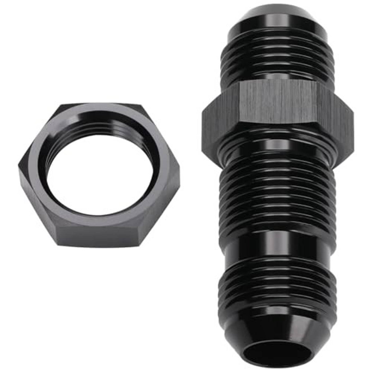 10AN male straight bulkhead fitting adapter with hex nut, black anodized, front view