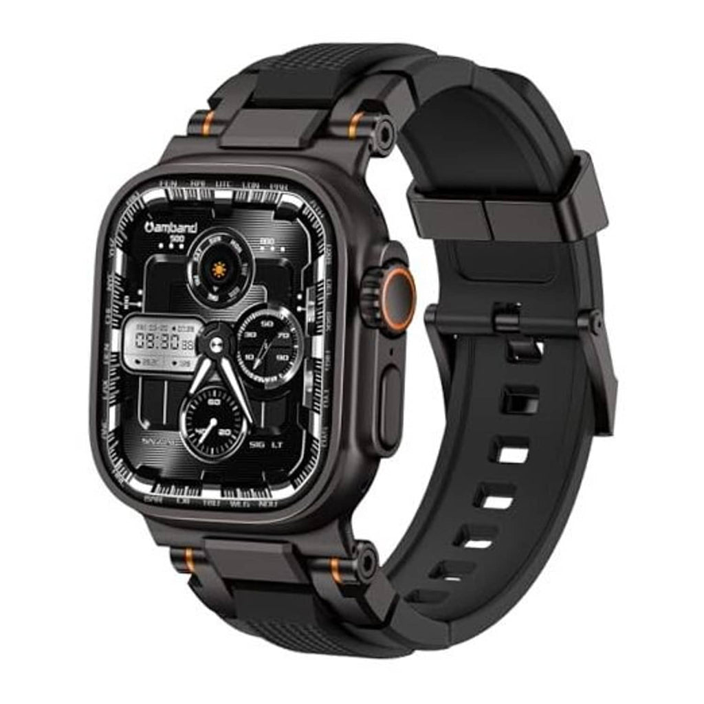 Matte black rugged watch band with orange-buckled hardware for 49mm watch