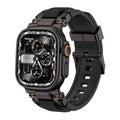 Matte black rugged watch band with orange-buckled hardware for 49mm watch