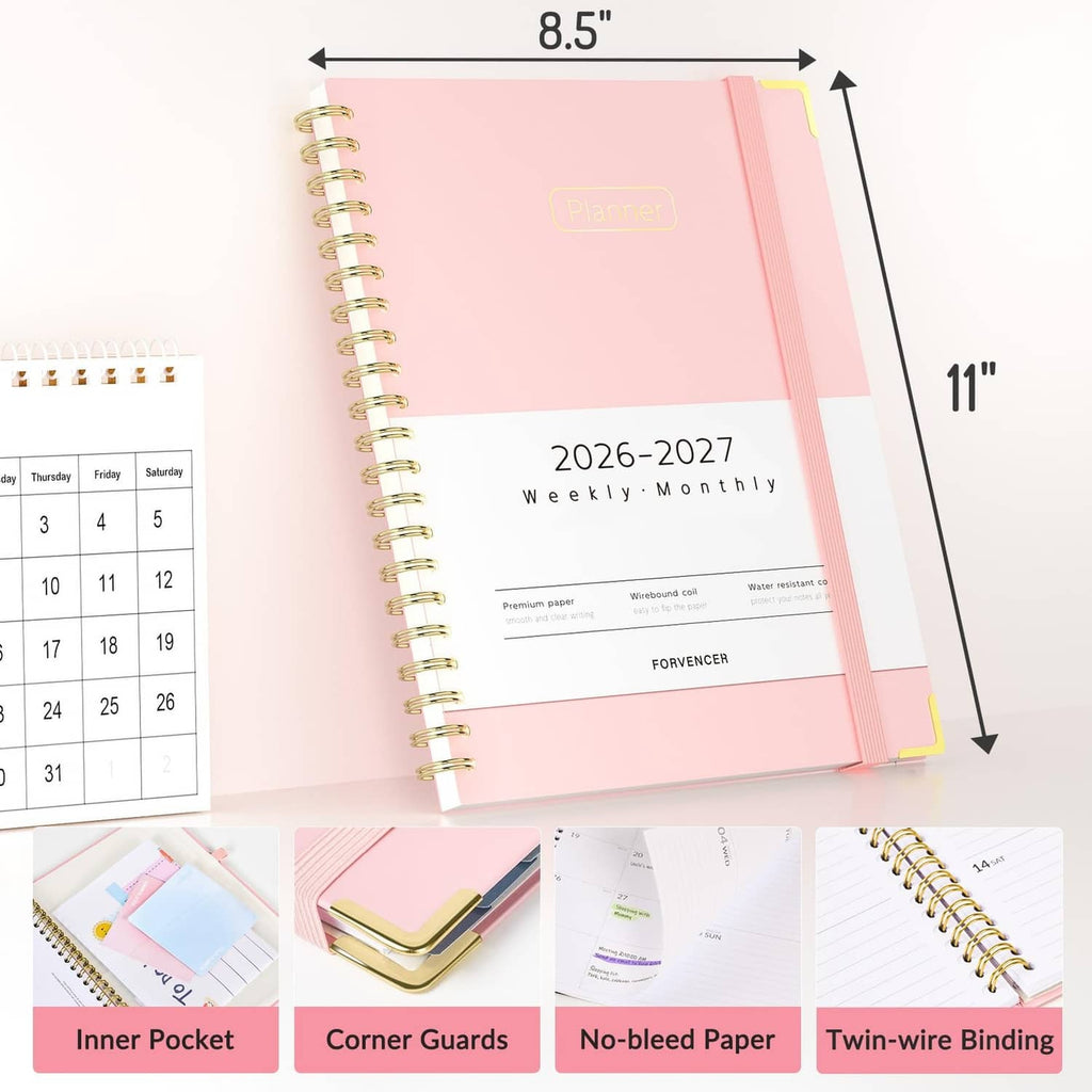 Pink 2026–2027 academic planner, 8.5x11 spiral binding with corner guards