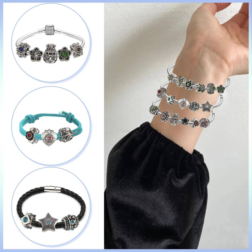 Rhinestone charm beads on charm bracelets, including star and heart designs