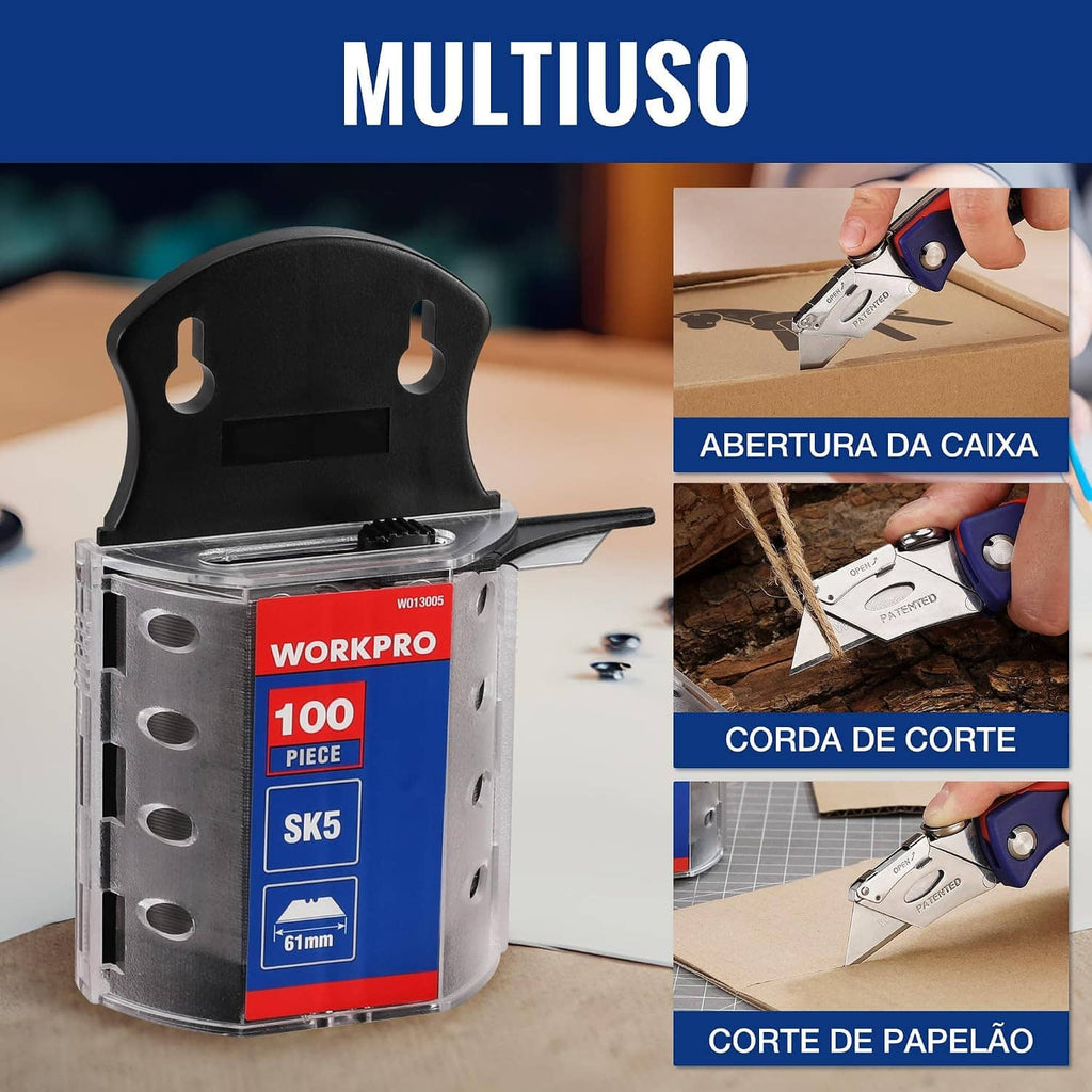 Utility knife blade dispenser with 100 SK5 steel blades for multi-use cutting