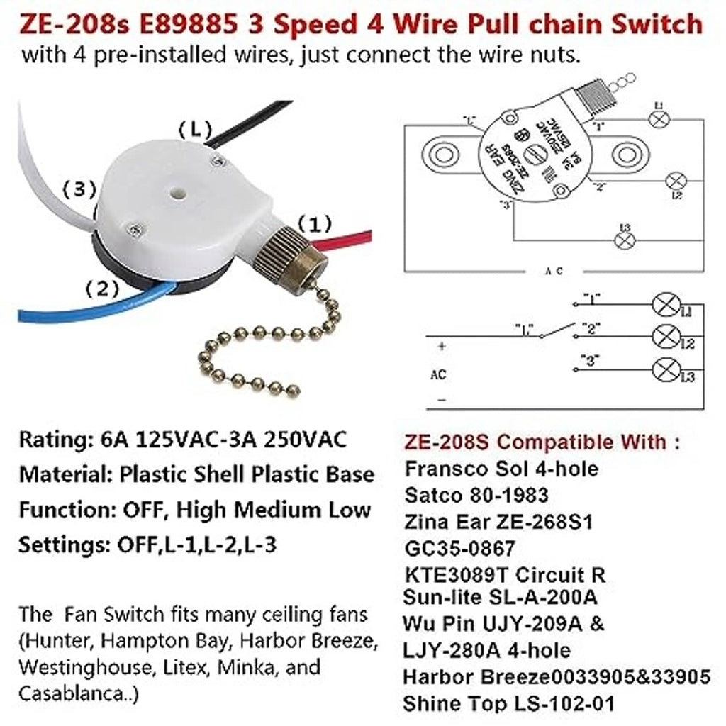 Ceiling fan pull chain switch with wiring diagram and 3 speed 4-wire layout