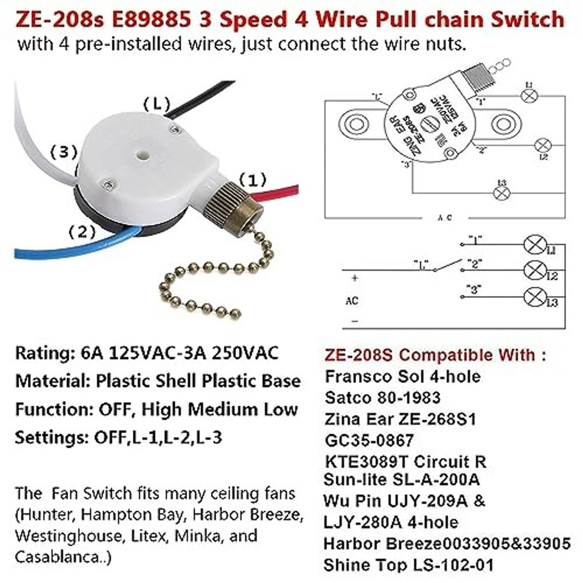 Ceiling fan pull chain switch with wiring diagram and 3 speed 4-wire layout