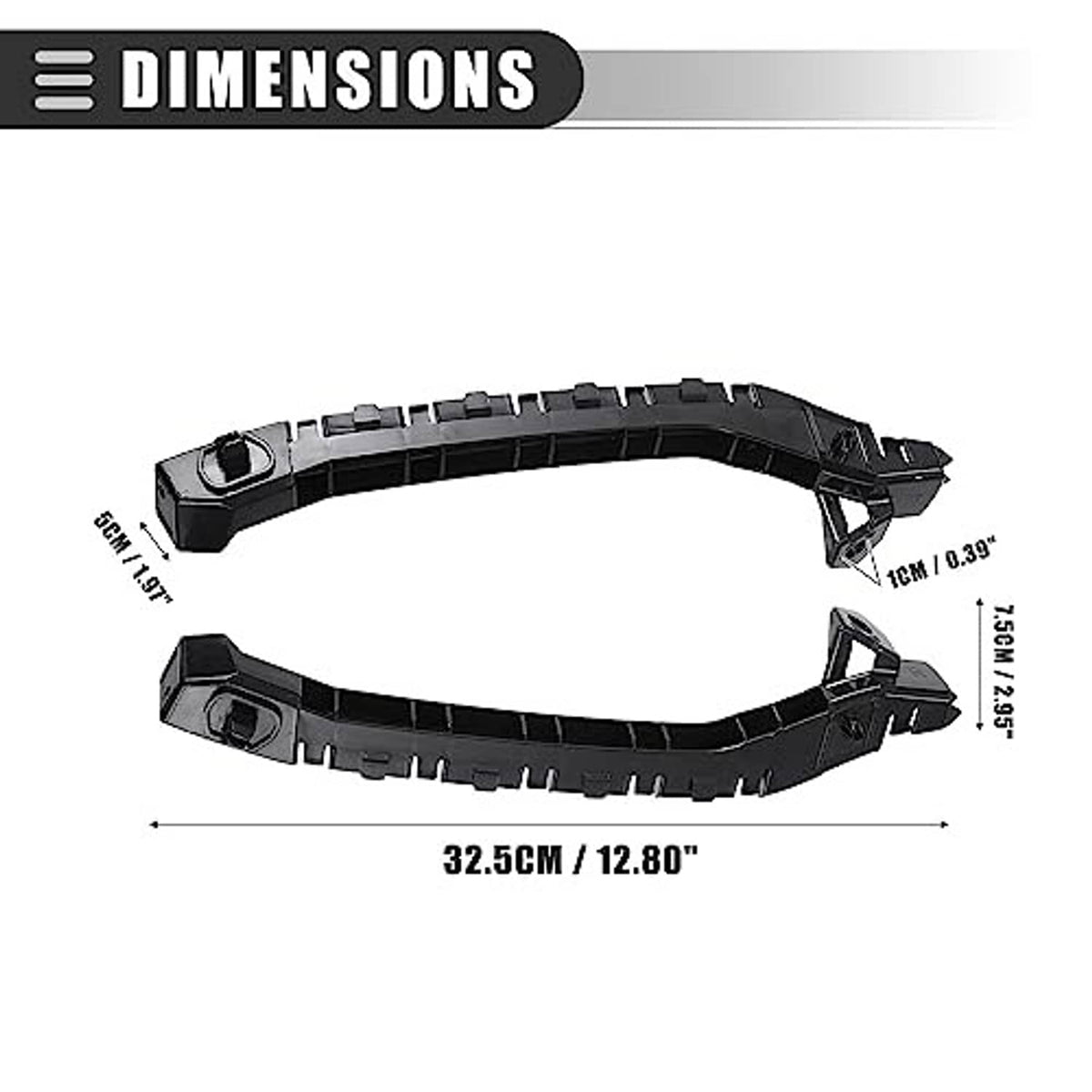 Black front bumper bracket retainer, size diagram with mounting tab ends