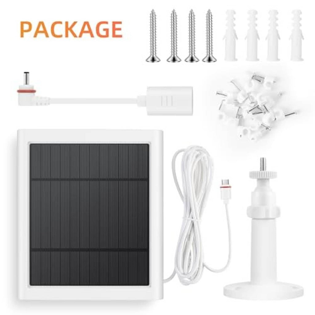 Solar panel charging kit with cable, screws, and white mounting base