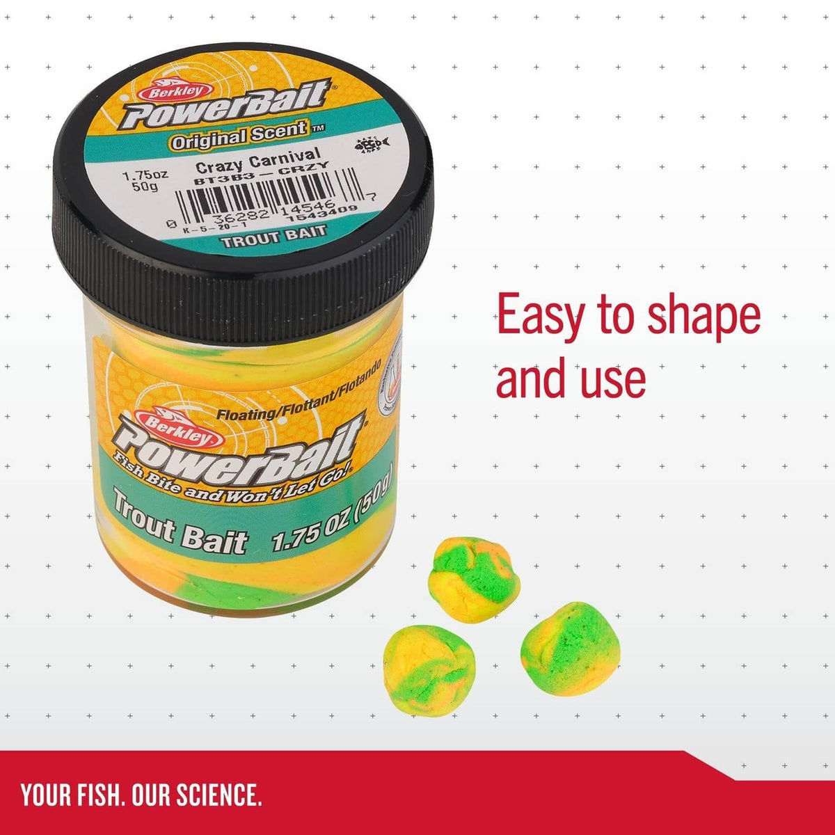 Scented trout bait jar with scattered green and yellow bait pieces, black lid