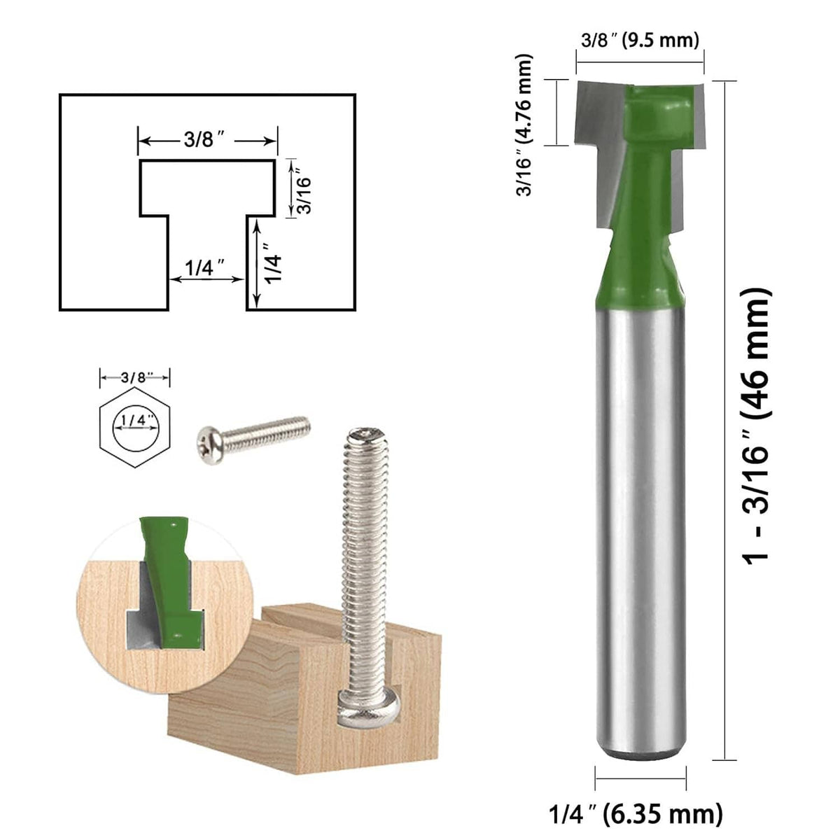 Keyhole router bit with 1/4 in shank and 3/8 in cutter; includes screws