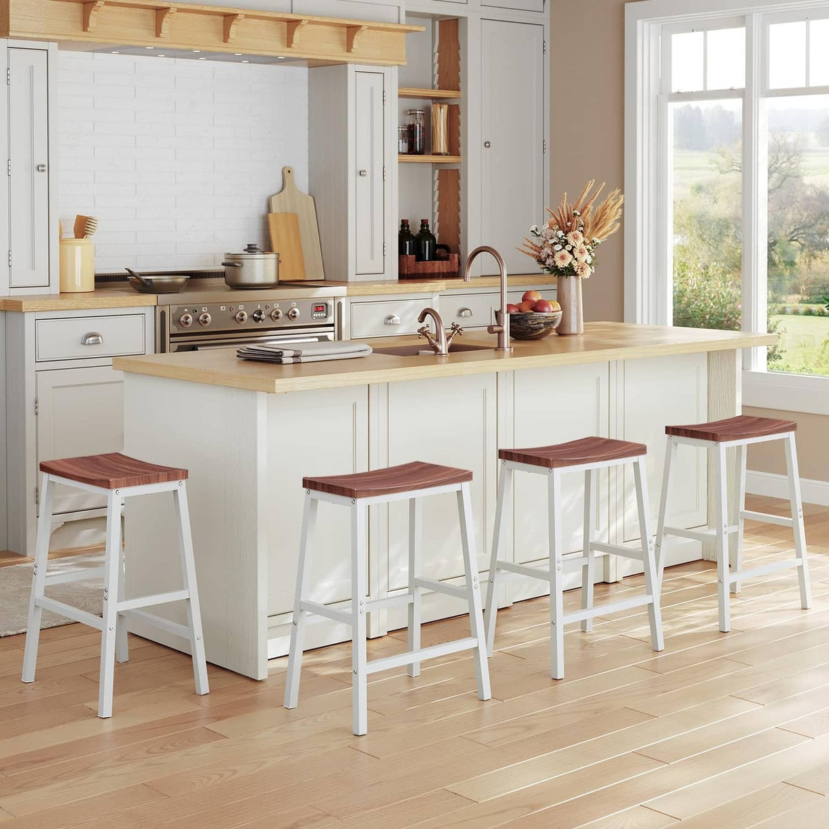 Walnut-top bar stools with white frames arranged at a kitchen counter