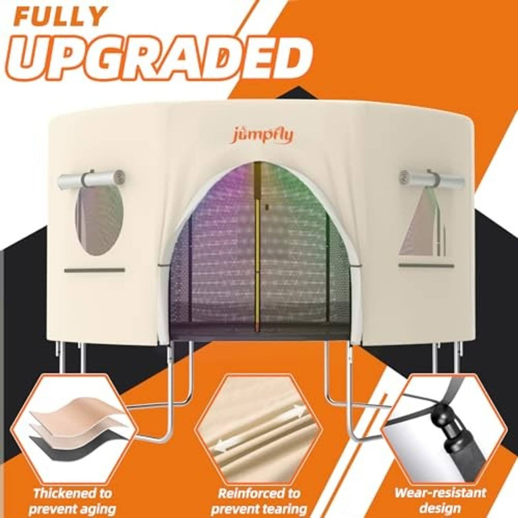 Beige trampoline tent with arched mesh front and two side door panels