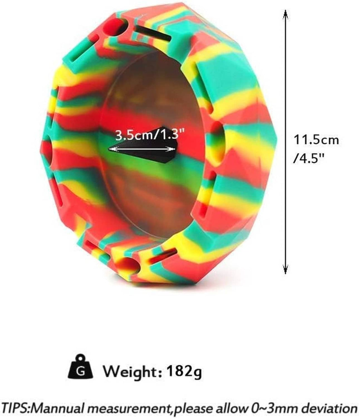 Rainbow striped ashtray with central cone rest and faceted octagonal rim