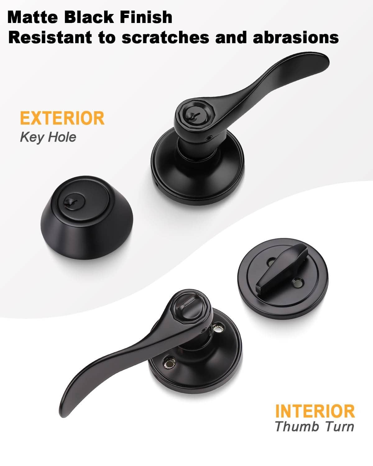 Matte black door lever lockset set with exterior key hole and interior thumb-turn