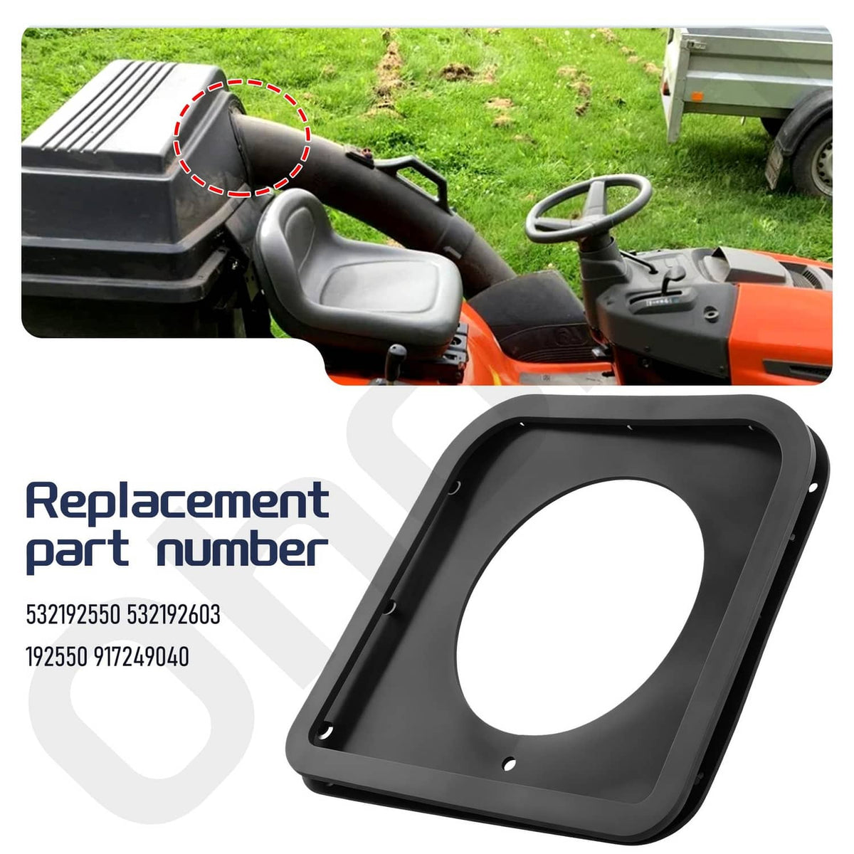 Black replacement bagger seal with circular center opening and screw-hole mounting