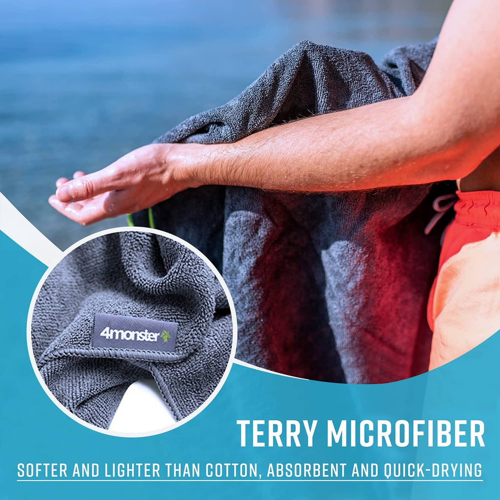 Dark terry microfiber travel towel with 4Monster tag and soft loop texture