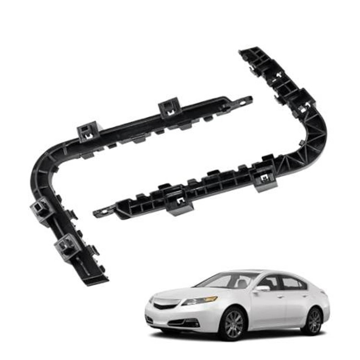 Front bumper retainer brackets, black plastic, left and right side pieces