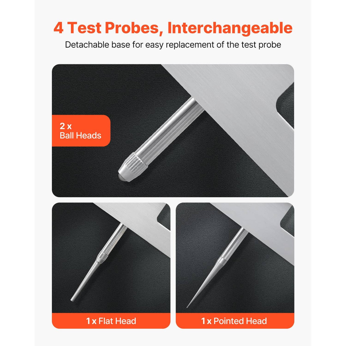 Depth gauge micrometer with interchangeable test probes: ball, flat, and pointed heads