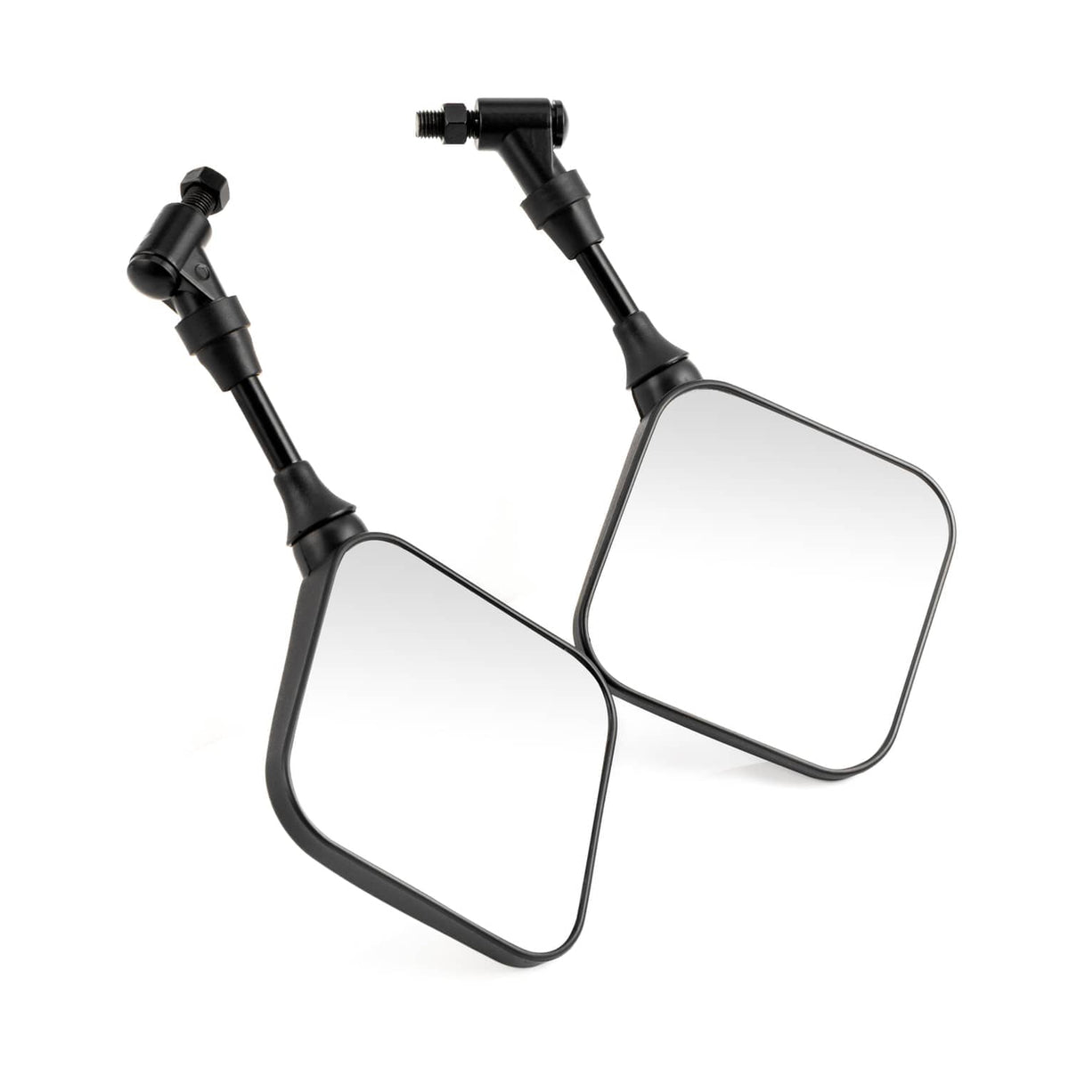 Pair of black square motorcycle rearview mirrors with angled reflective glass
