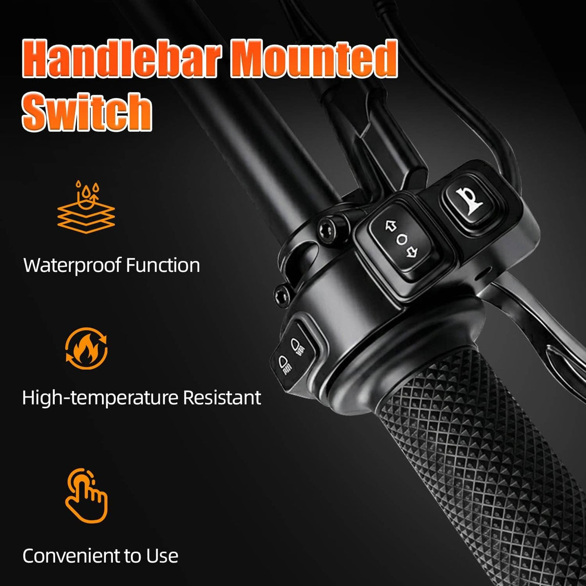 Black waterproof handlebar-mounted switch assembly with textured grip-style housing