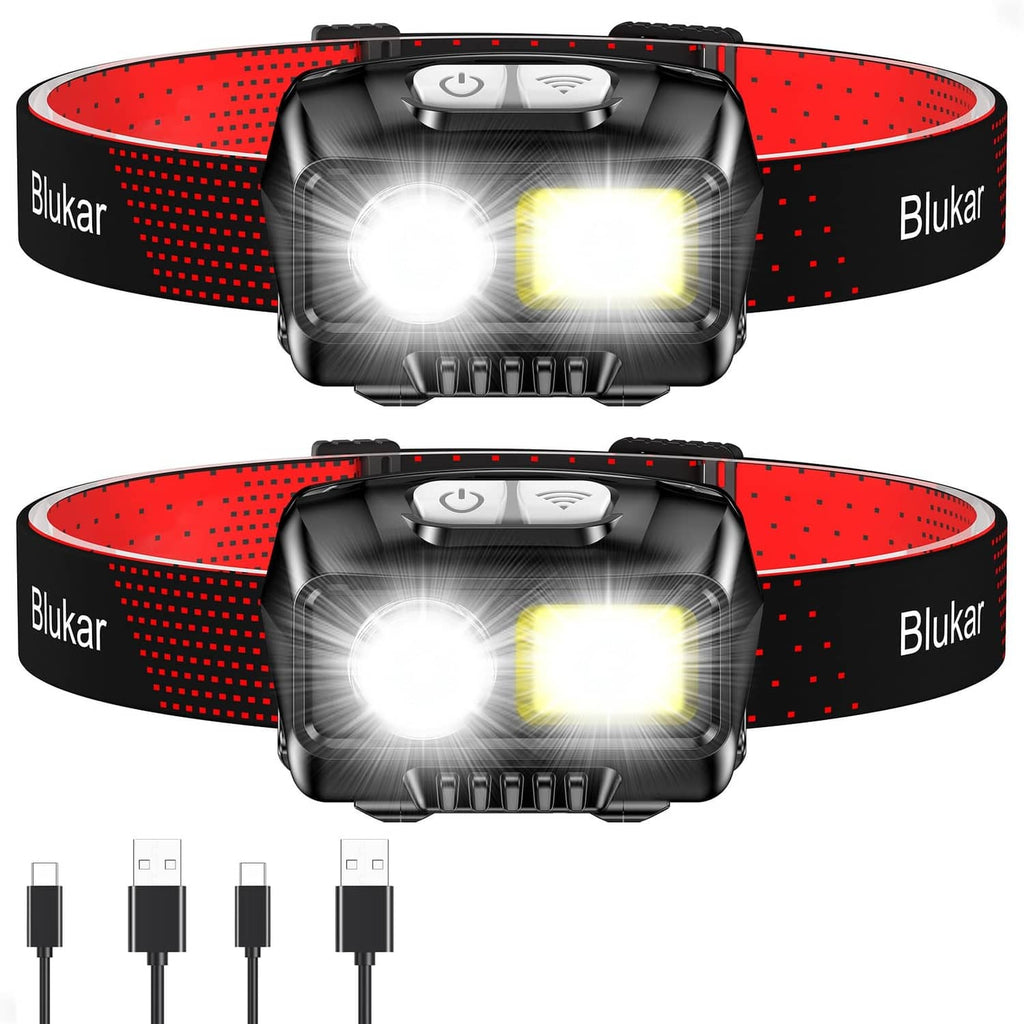 Rechargeable LED headlamp set with dual white/yellow LEDs and elastic black headband