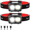 Rechargeable LED headlamp set with dual white/yellow LEDs and elastic black headband