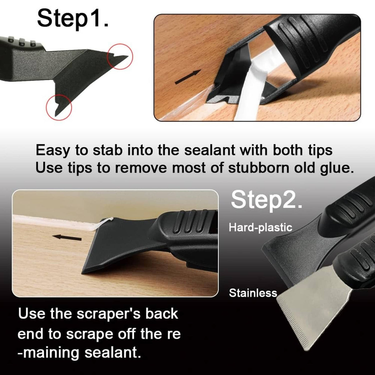 Sealant caulking tool with black handle and scraper tips for removing old glue