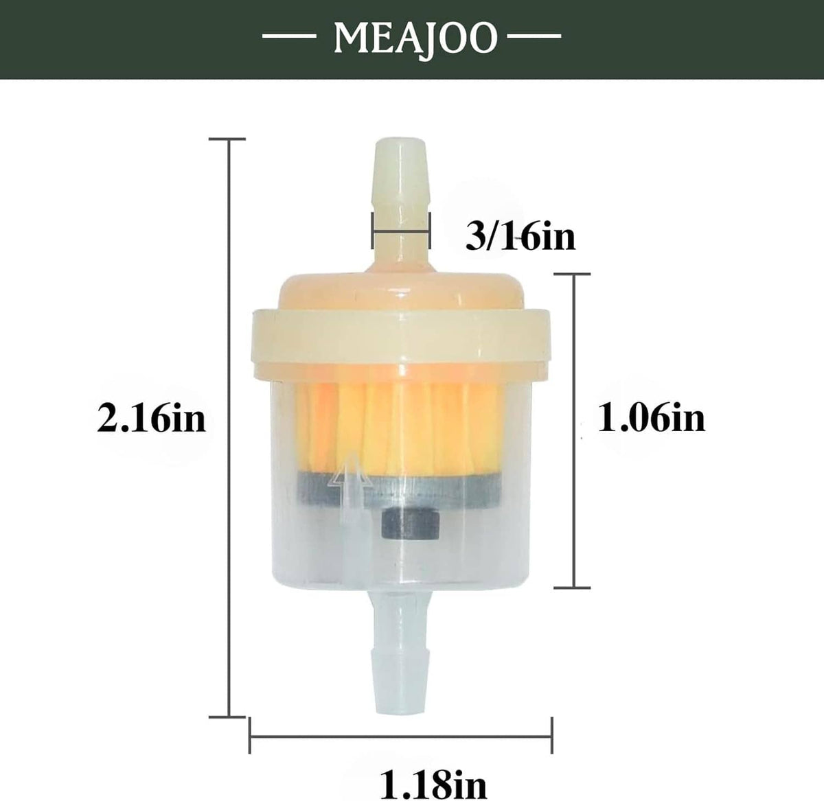 Inline fuel filter with clear housing, orange media, and barbed inlet/outlet ports