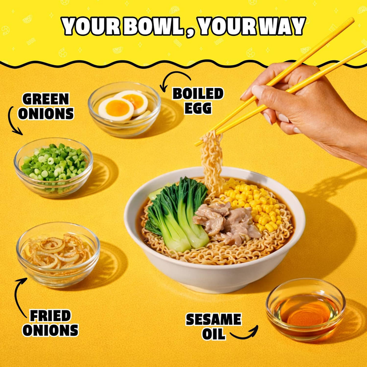 Bowl of ramen noodles with boiled egg, green onions, corn, sesame oil, and chopsticks