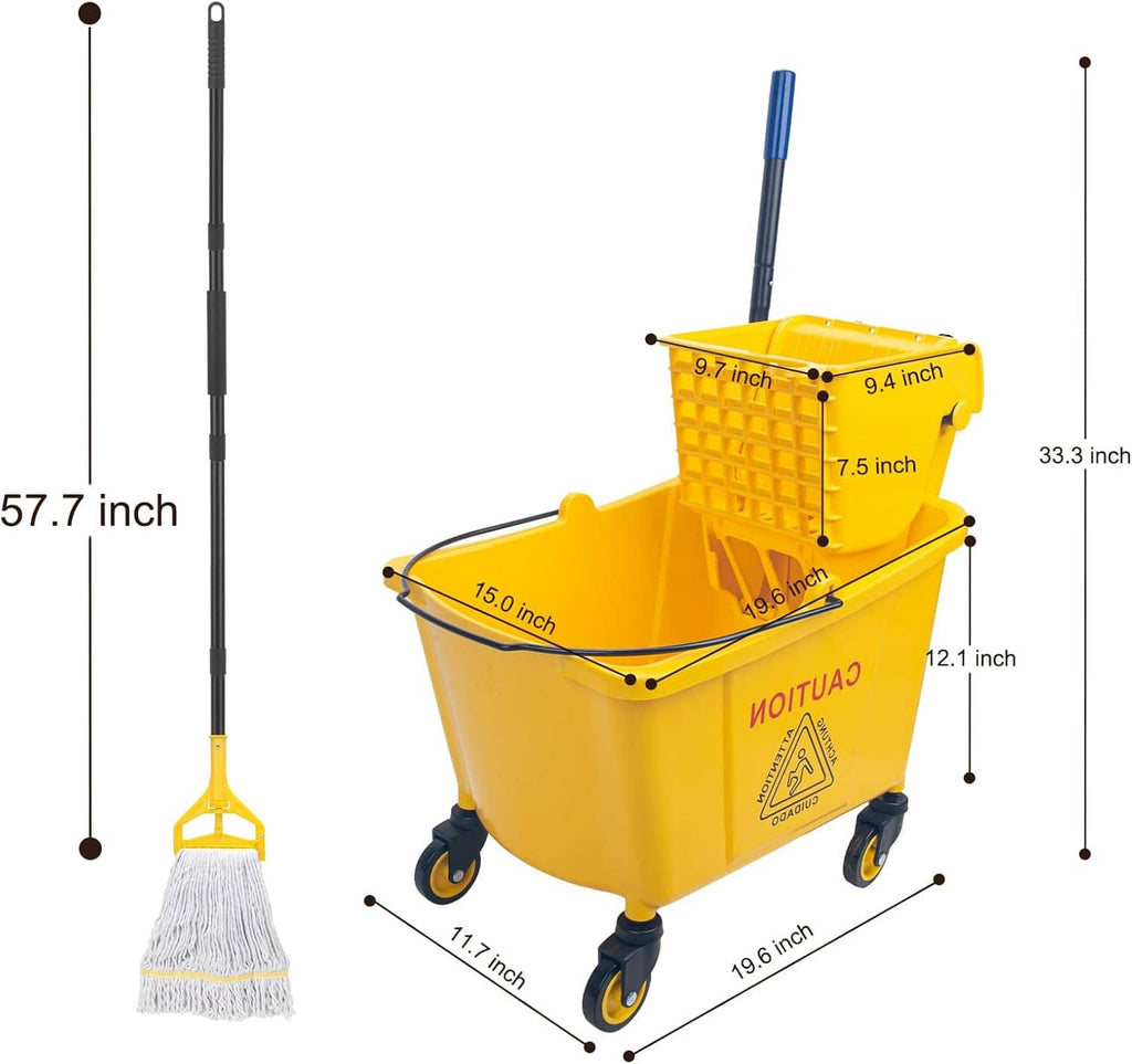 Yellow wheeled mop bucket with side-press wringer and long upright handle, front view