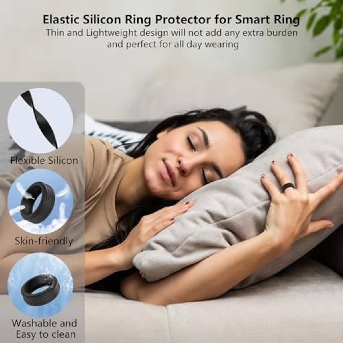 Black silicone smart ring protector cover, flexible ribbed band