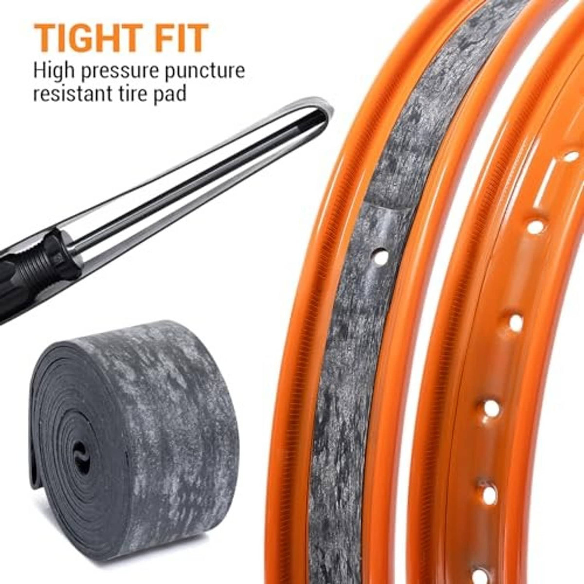 Motorcycle black rubber rim strip tape roll and fitted band on orange wheel rim