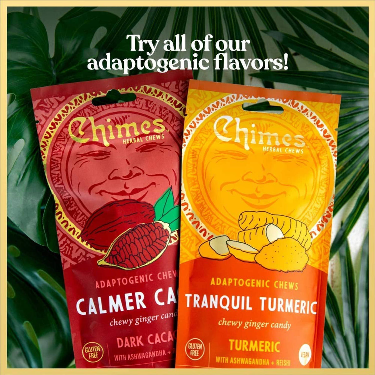 Two adaptogenic chew candy pouches on a leaf background, orange and red labels