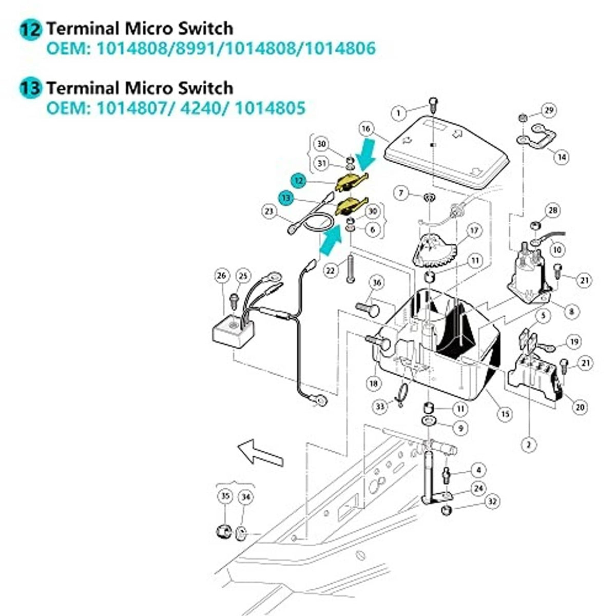 Golf cart micro switch diagram showing terminal micro switch parts and numbered steps