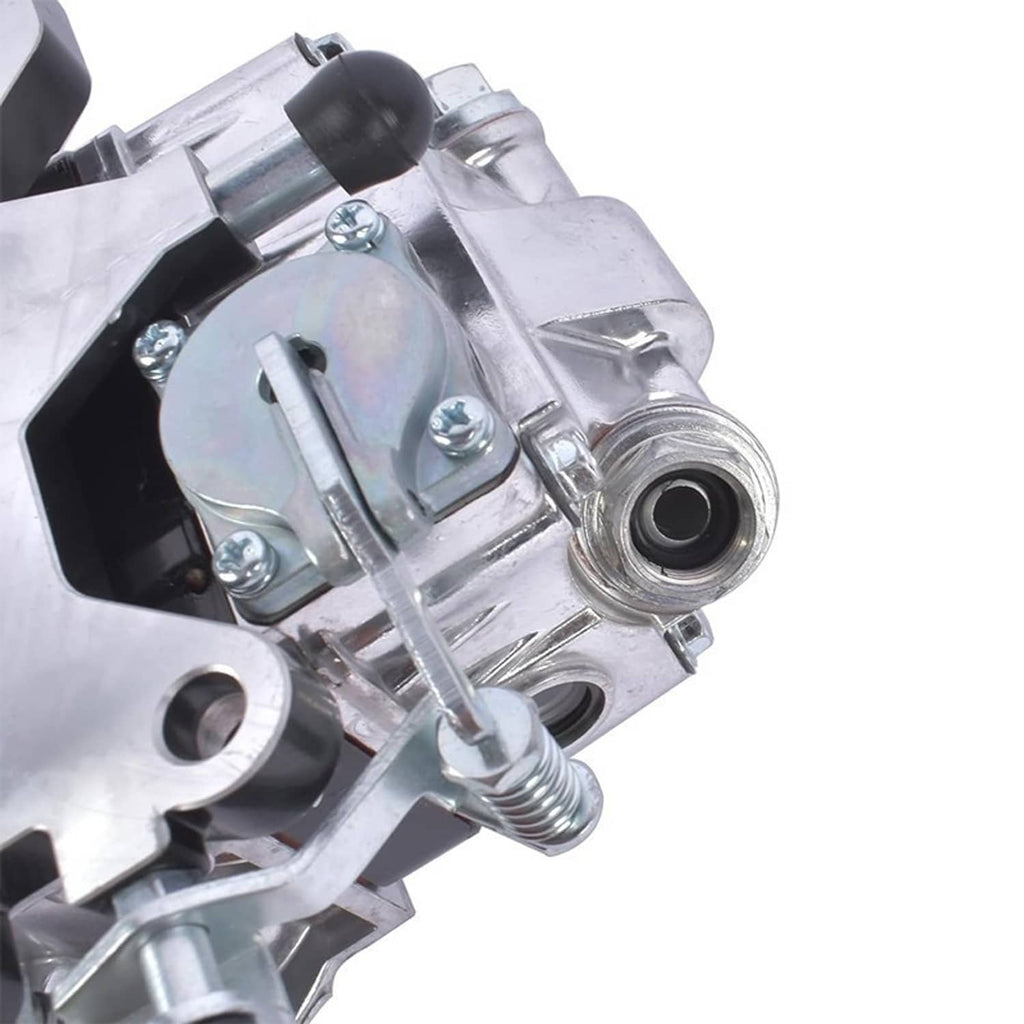 Close-up of billet aluminum 4-barrel double pumper carburetor fuel inlet and spring linkage