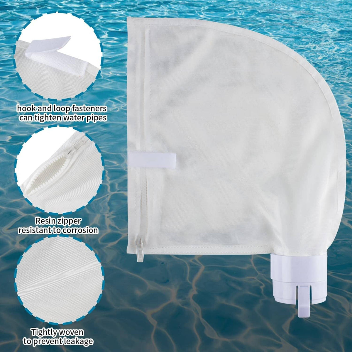 White pool cleaner bag with resin zipper, reinforced seams, and plastic inlet ports