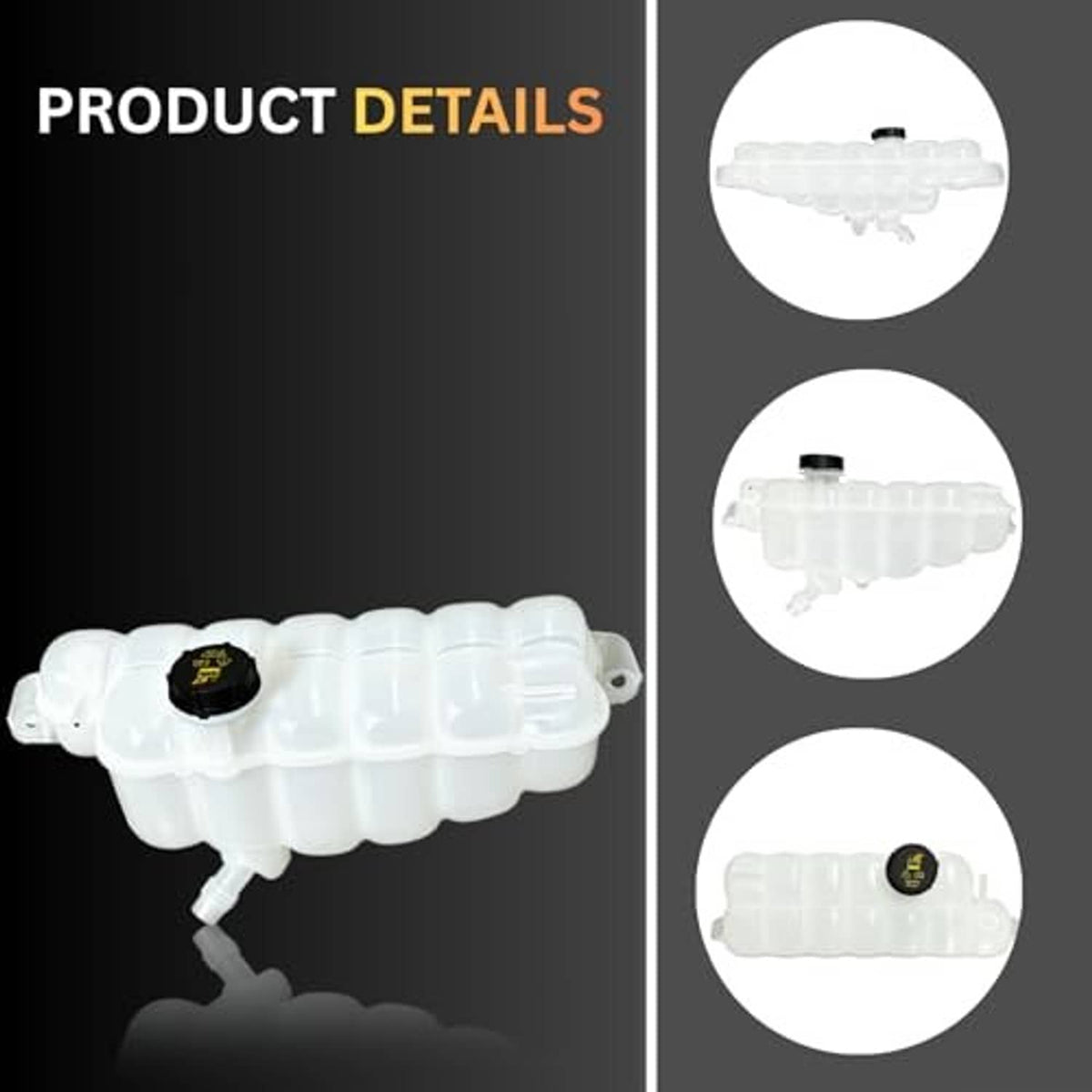 White coolant reservoir tank with black cap, product detail view with outlet connection