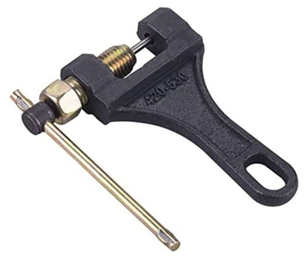 Black chain breaker tool with gold steel pins and threaded screw for 420–530 chains