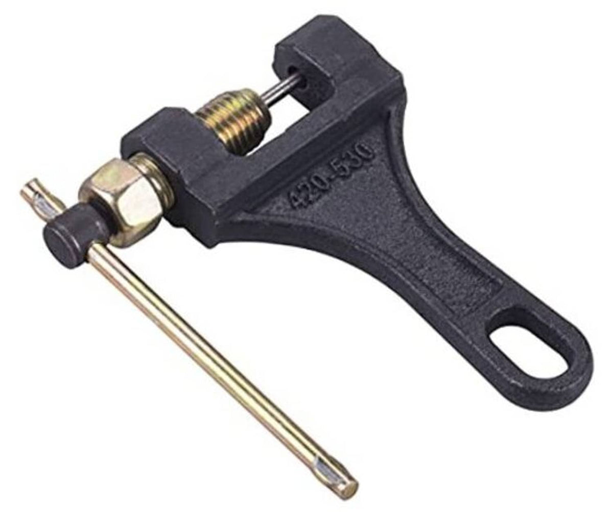 Black chain breaker tool with gold steel pins and threaded screw for 420–530 chains