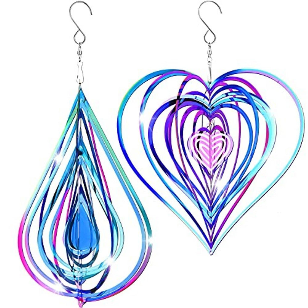 Set of colorful heart and teardrop wind spinner ornaments with silver hanging hooks