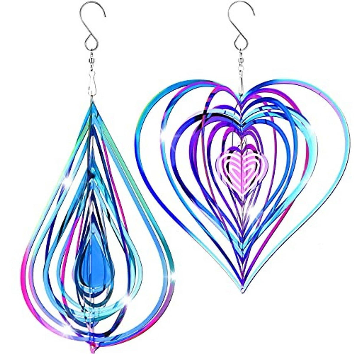 Set of colorful heart and teardrop wind spinner ornaments with silver hanging hooks