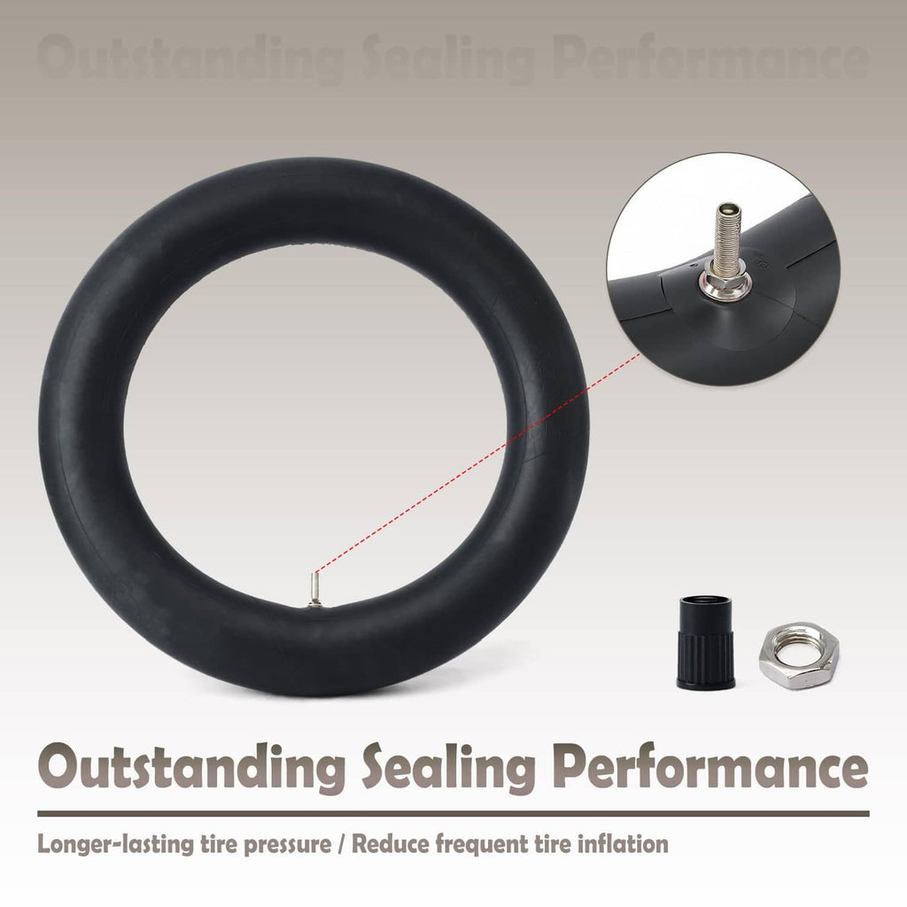 Black 12-inch rear inner tube with valve stem, plus valve cap and nut