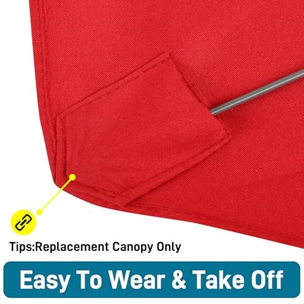 Red canopy corner reinforcement with stitched flap and gray support rod