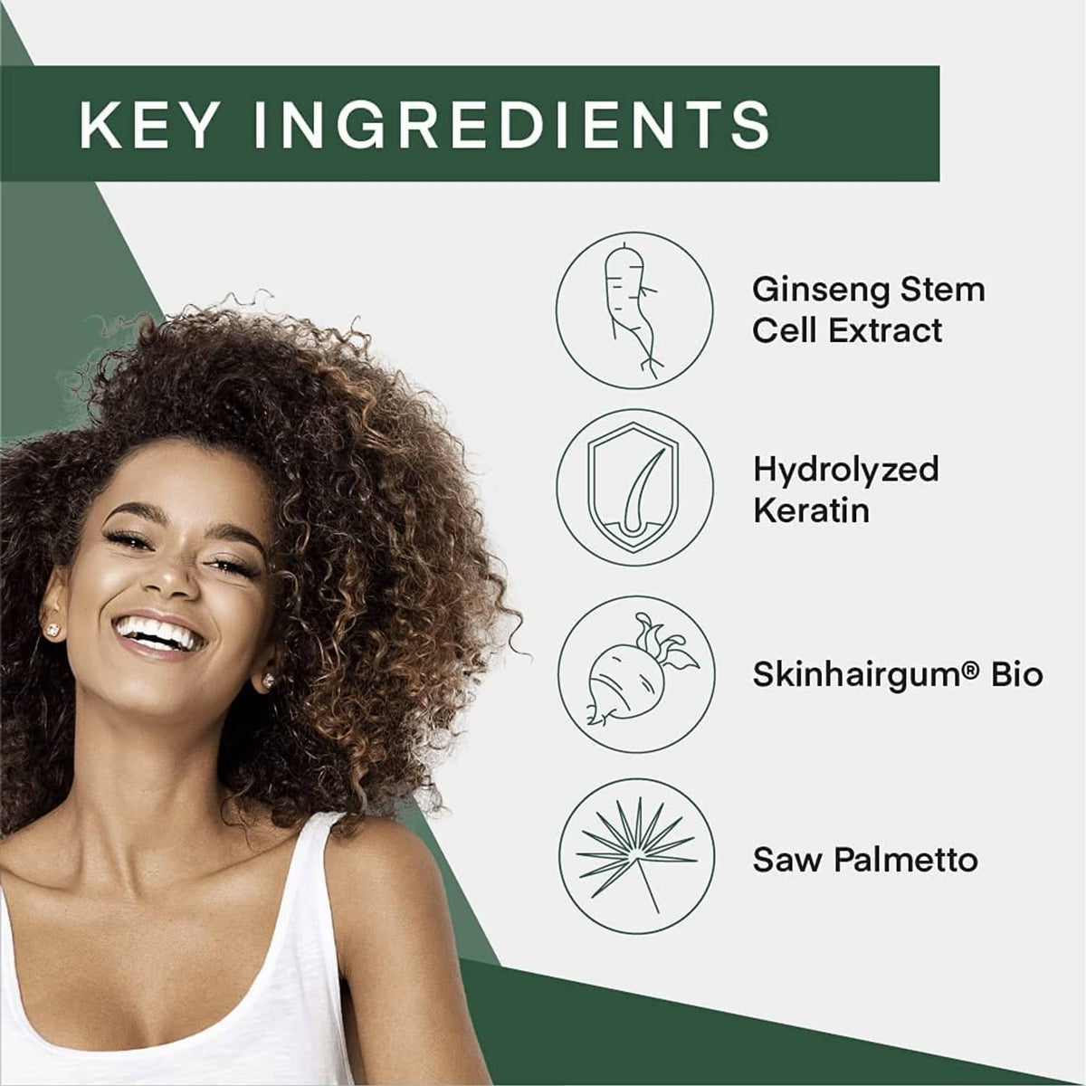 Thickening shampoo and conditioner key ingredients panel with smiling woman and icons